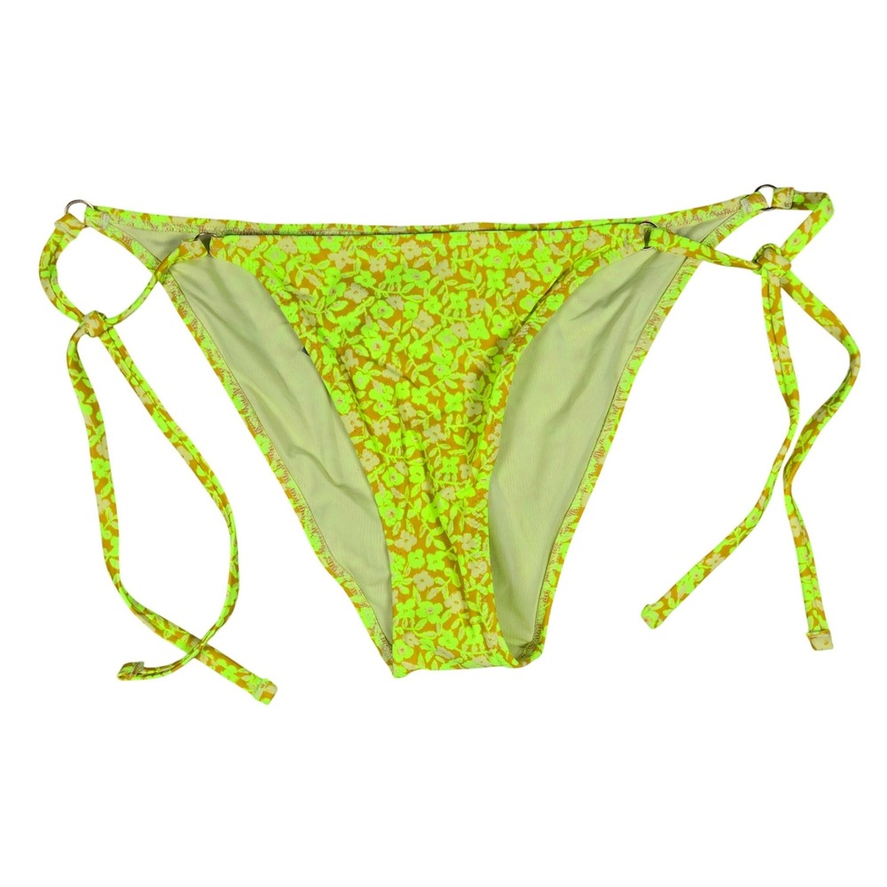Aerie String Cheeky Swim Bottoms‎ Neon Floral Print Tie Side Bikini Size L